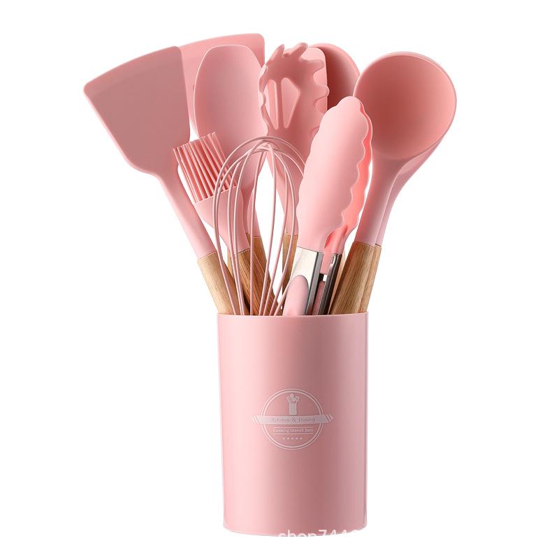 Set da 12 Pezzi di Utensili da Cucina in Silicone con Manici in Legno - Set Spatola e Cucchiaio