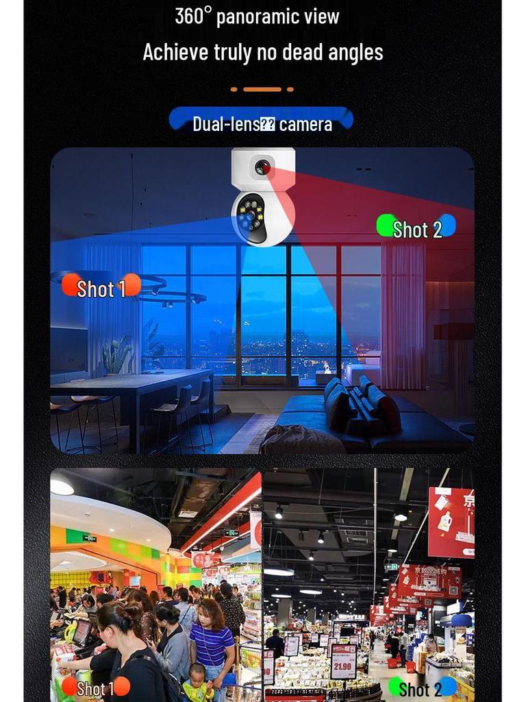 1080P Dual-Lens Wireless Security Camera with 360° Rotation, Mobile Remote, Dual-Screen, and Full-Color Night Vision