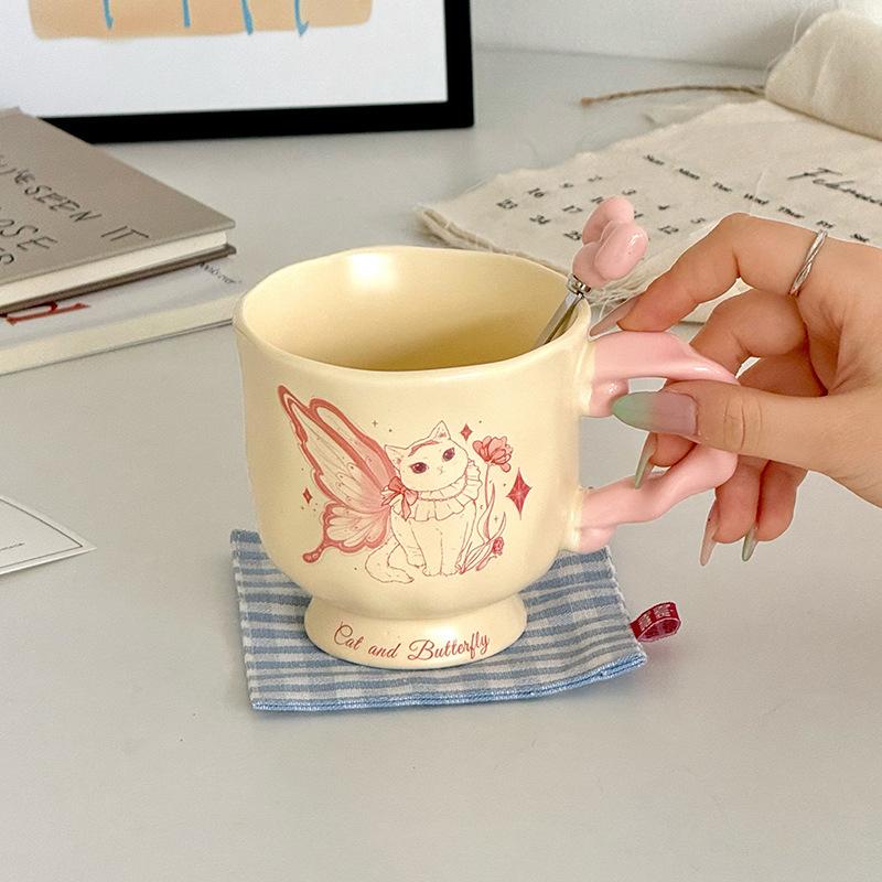 

Girls with High Looking Butterfly Cat Cup Cartoon Ceramic Mug for Best Friend Couple Hand Painted Water Cup Gift 401-500ml