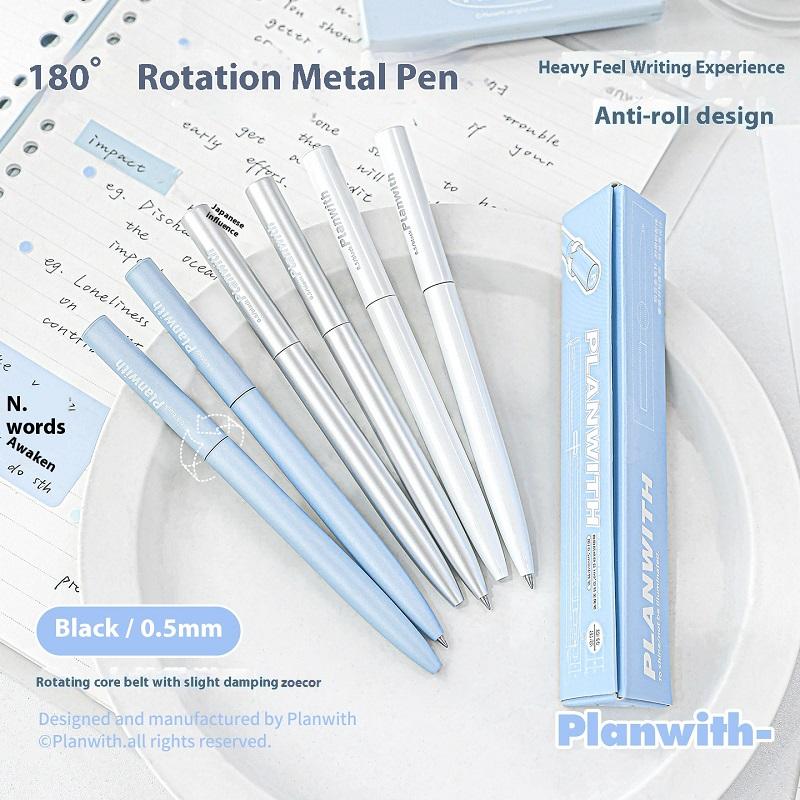 Planwith Rotating Metal Pen 0.5mm Aluminum Alloy Ballpoint Gel Pen 180° Anti-Roll Design Smooth Writing Office School Supplies