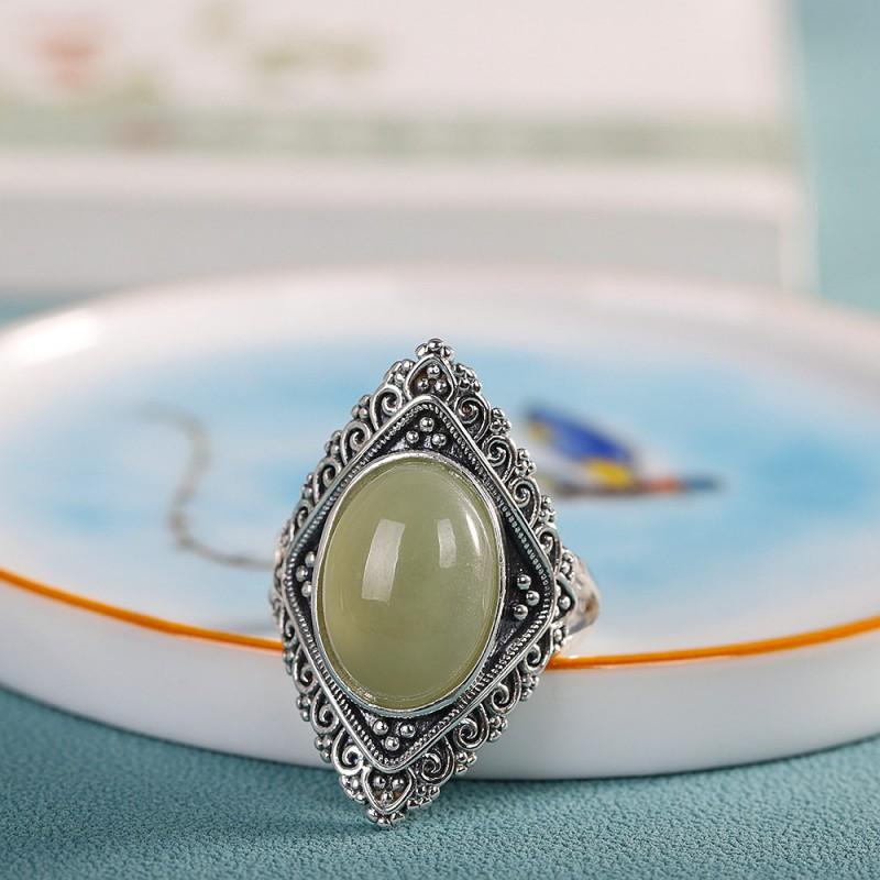Adjustable Open Ring Women Men Vintage Geometric Design Copper Jewelry With Green Jade Accent