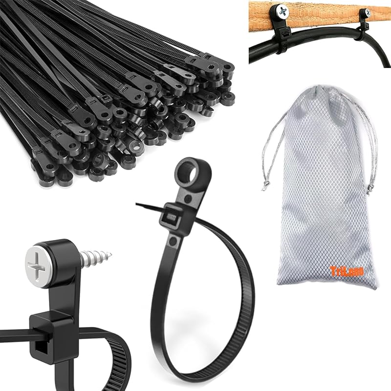 Nylon Universal Cable Tie Buckle,Black Zip Ties Heavy Duty with Screw Hole 75lbs Mountable head Cable management Ties for Indoor & Outdoor Use (50,