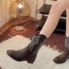 Queen Fan Brown Retro Thick Heel Western Cowboy Boots Women's 2025 New Autumn with Skirt Skinny Short Boots