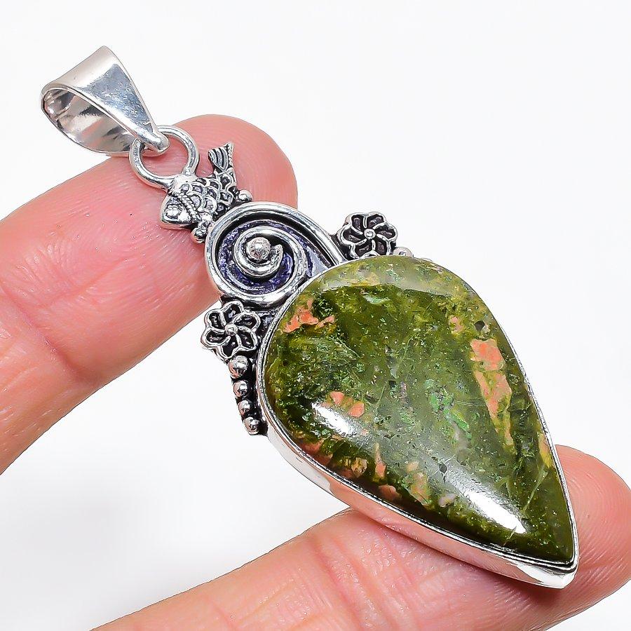 Unakite Gemstone Handmade 925 Sterling Silver Jewelry Pendant 2.64" KJ-134