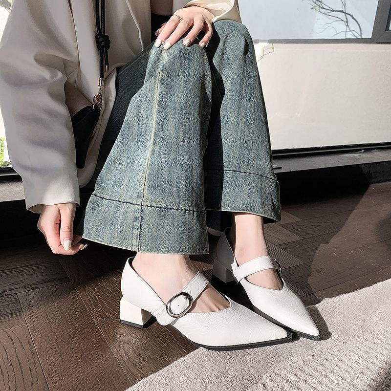 Pointed French single shoes retro temperament word Mary 2025 new silver thick heel middle heel shoes spring and autumn wear