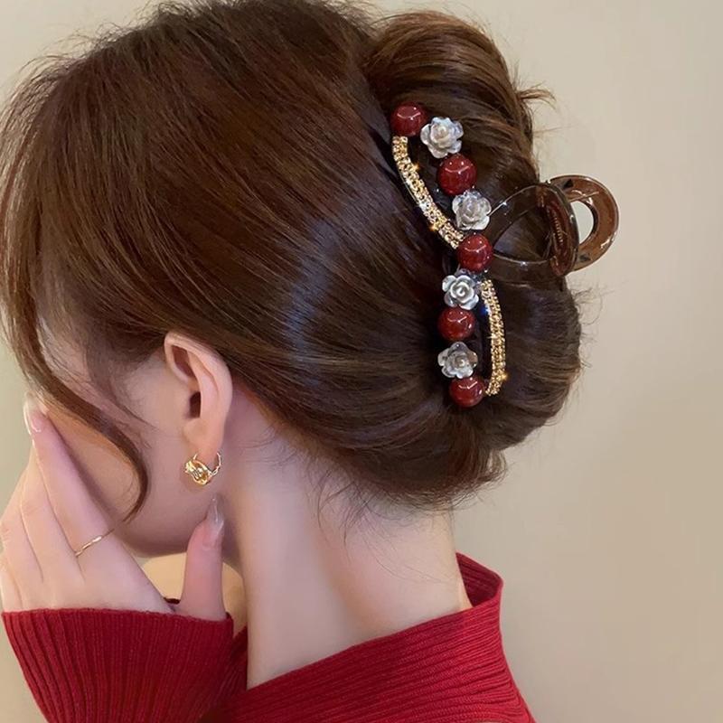 Camellia Pearl Hair Clip Girls Elegant Ponytail Clip Shark Clip Sweet Big Crab Claw Hair Accessories Headwear