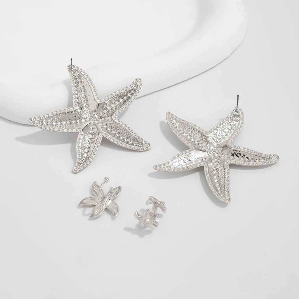 Bohemian-Style 4pcs Starfish Earrings Set Summer Beach Vacation Ear Clip Jewelry Party Gift Metal Star Flower Stud Earring