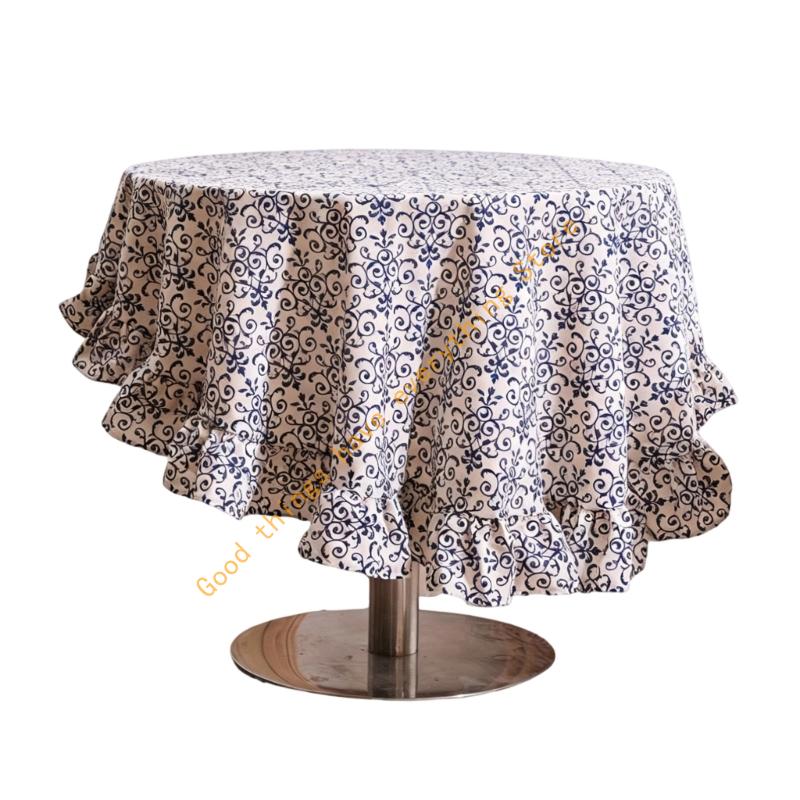 150cm/180cm French Cotton Linen Tablecloth With Ruffled Trim For Round Tables Washable Floral Pattern Table Cover 55KF