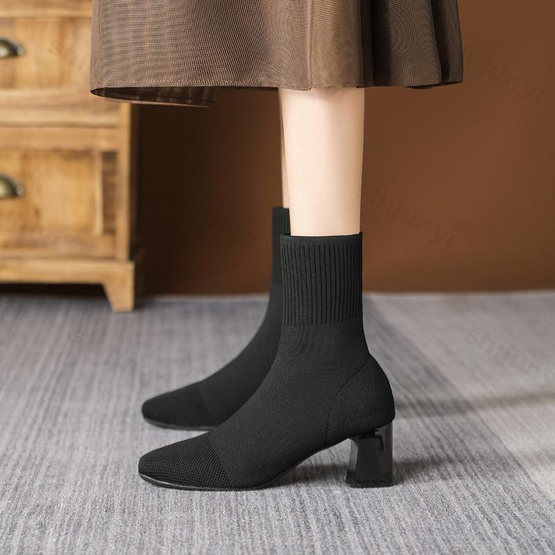 Women's Stretch Boots 2026 New Autumn Knitted High Heel Socks Boots Women Large Size Square Toe Fashion Boots Women Botas Mujer