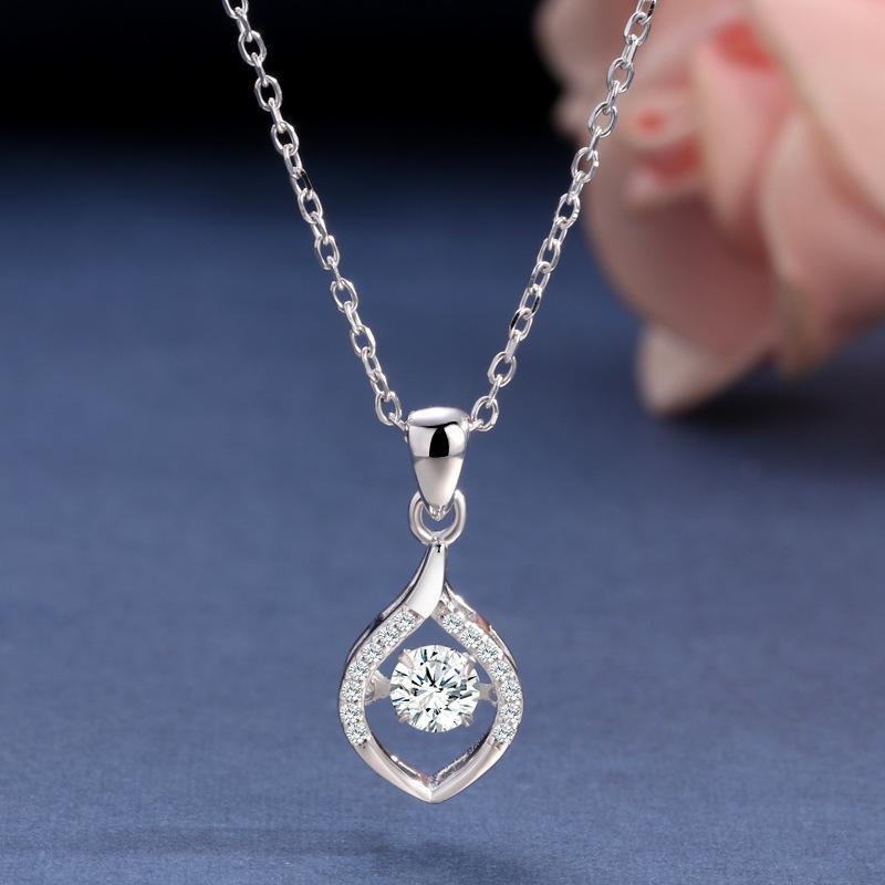 925 Sterling Silver Heart Necklace with Rhinestone Water Drop Pendant - Simple and Elegant Fashion Accessory 925 Silver