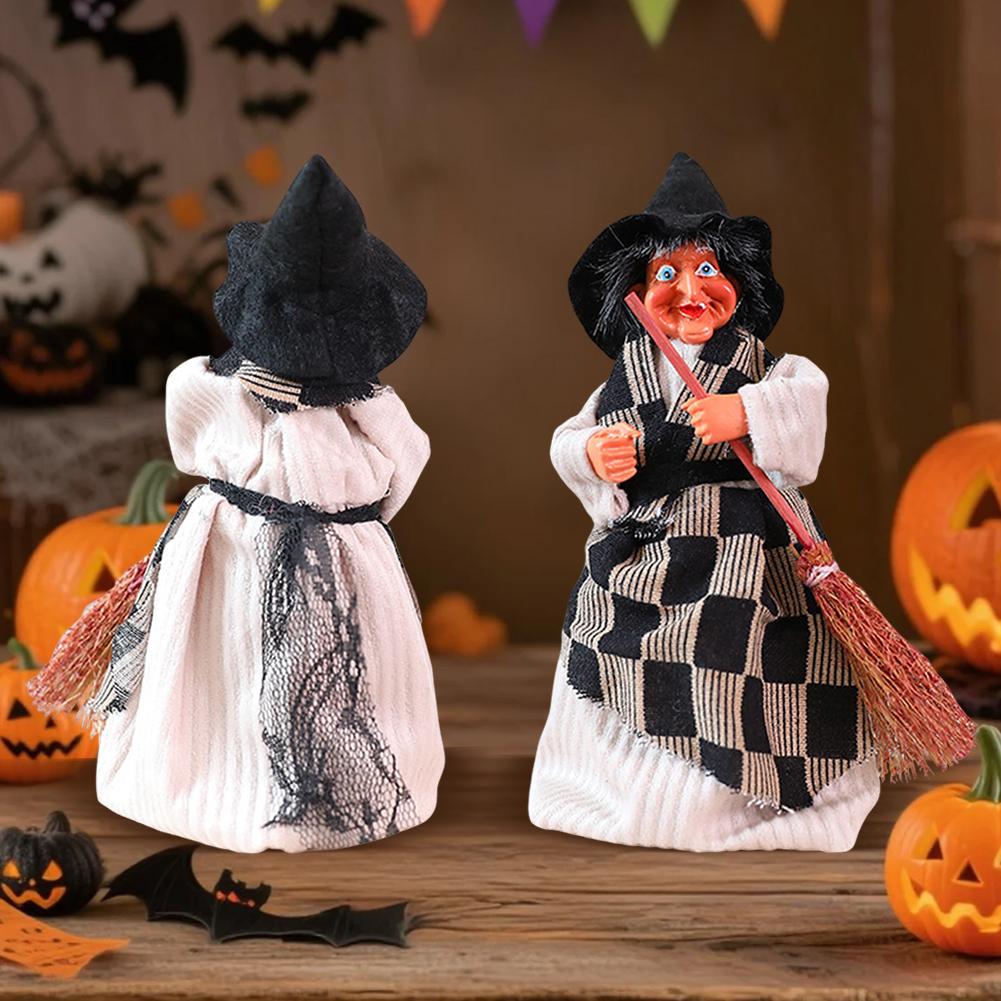 Halloween Retro Witch Scarecrow Decorations Realistic Witch with Broomstick Props Spooky Halloween Party Bar Haunted House Decor