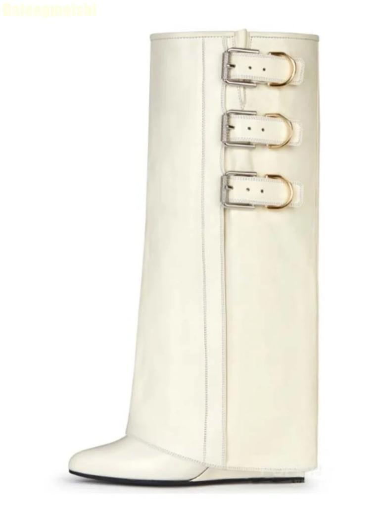 Black/white/red Leather Mid-Calf/knee-High Boots 2025 New Wedges Shark Boots Metal Belt Buckle Latest Catwalk Boots