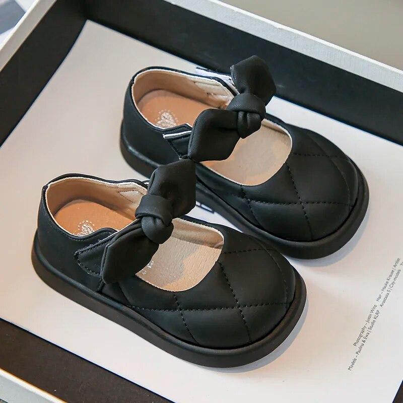 Mädchen-Lederschuhe, Frühlings- und Herbst-Einzelschuhe mit flachem Mund und Schleife für Mädchen, Prinzessinnenschuhe