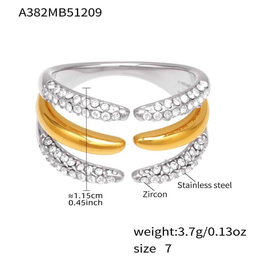 18k Gold-Plated Zirconia Inlaid Stainless Steel Open Ring Set - Modern Fashion Jewelry