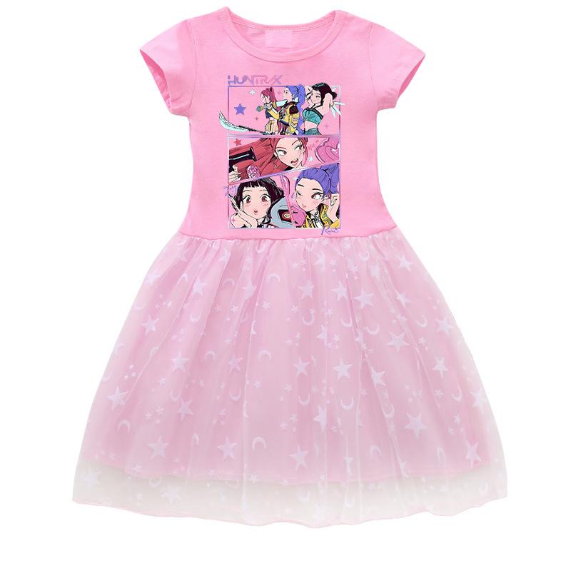 Kids Girls Kpop Demon Hunters Cartoon Print T-Shirt Dress Summer Casual Short Sleeve Star Moon Tulle Princess Dress Children Toddler Girl Clothing