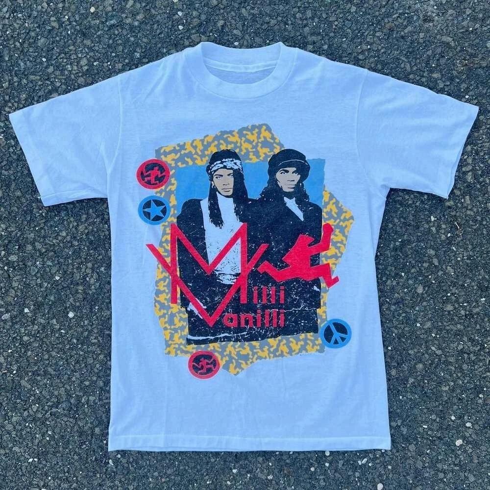

Vintage 1989 Milli Vanilli band Cotton White Shirt Unisex Men Street Hip-hop Rock Short-sleeved Women Round-neck Top 2XL