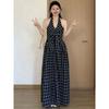 Plus-Size Women's French-Style Plaid Bow-Tie Halter Dress 2026 Summer Fashion Slimming Dress