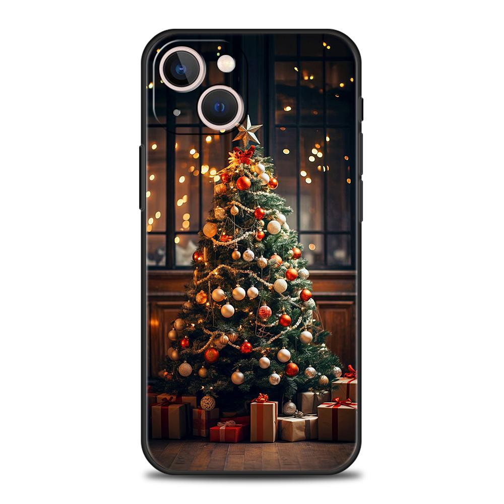 Luxury TPU Soft Phone Case For iPhone 16 11 15 14 Pro MAX 12 13 7 8 Plus X XR XS SE 2022 Black Cover Merry Christmas Tree