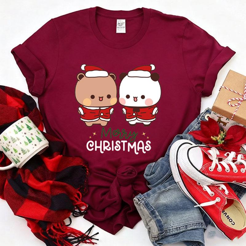 Kawaii SnowUnisex Bubu Dudu Christmas Graphic Tshirt Trendy Funny Cartoon Panda Printing Women Shirt Fashion Holiday Cotton Tees