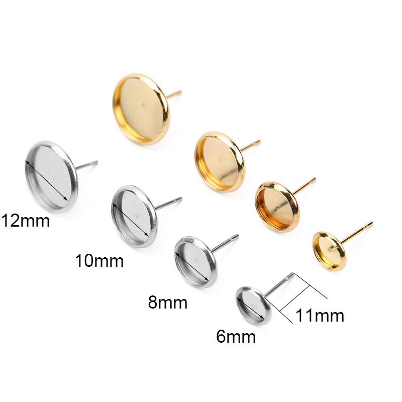 20pc Hypoallergenic Stainless Steel Stud Earring Diy Findings 6mm 8mm 10mm 12mm Cameo Cabochon Base Settings Diy Jewelry 2035