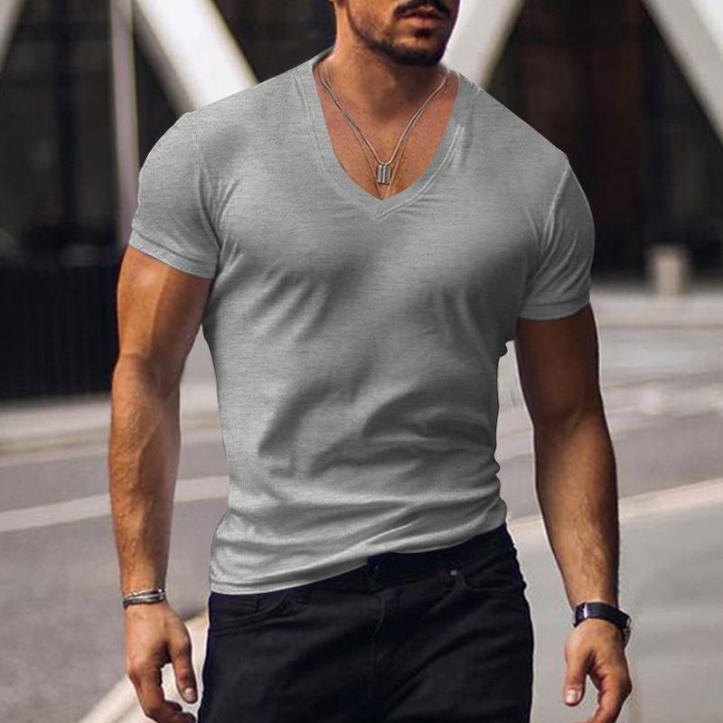 Top Men's V-neck Solid Color Large Size Casual T-shirt Short Sleeve Men's Wear