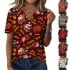 Women's Casual Christmas Print V-Neck Short Sleeve Button T-Shirt Top for Women