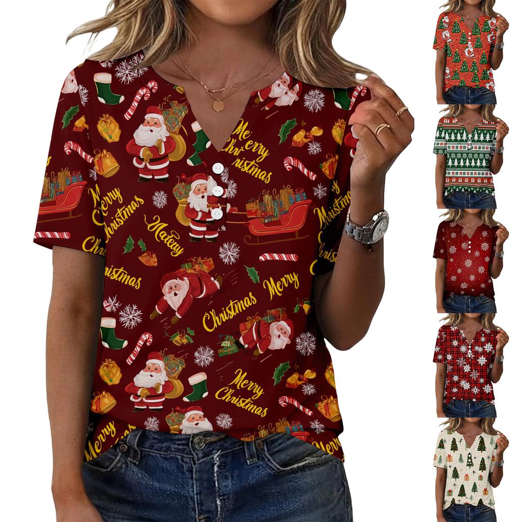 Women's Casual Christmas Print V-Neck Short Sleeve Button T-Shirt Top for Women