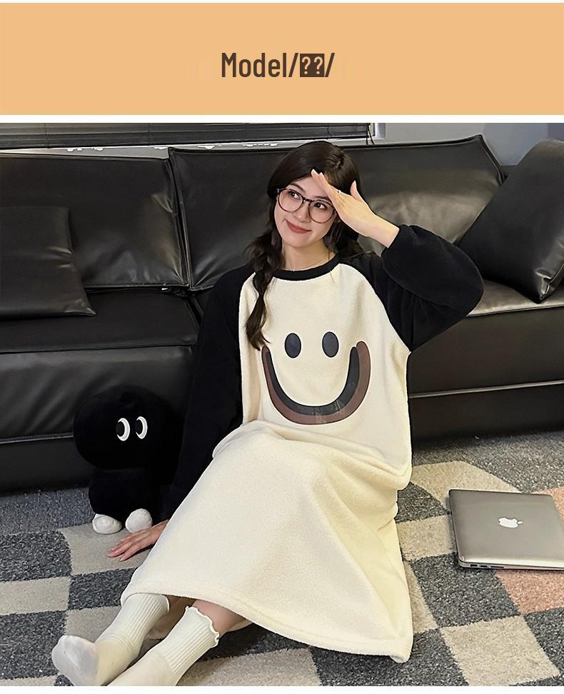Women's Cartoon Flannel Nightgown – Cute, Cozy, Long Sleeve, Mid-Length Dress for Fall/Winter, Suitable for Home or Outdoors