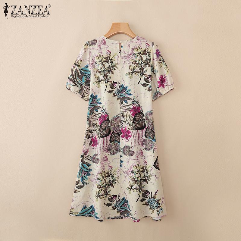 ZANZEA Women Casual Round Neck Summer Short Sleeve Print Cotton Dress