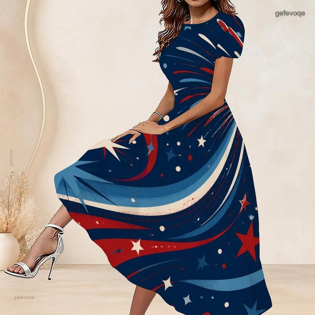 Women Plus Size Round Neck Short Sleeve Firework Star Printed Navy Blue Gathered Waist A Line Long Dress