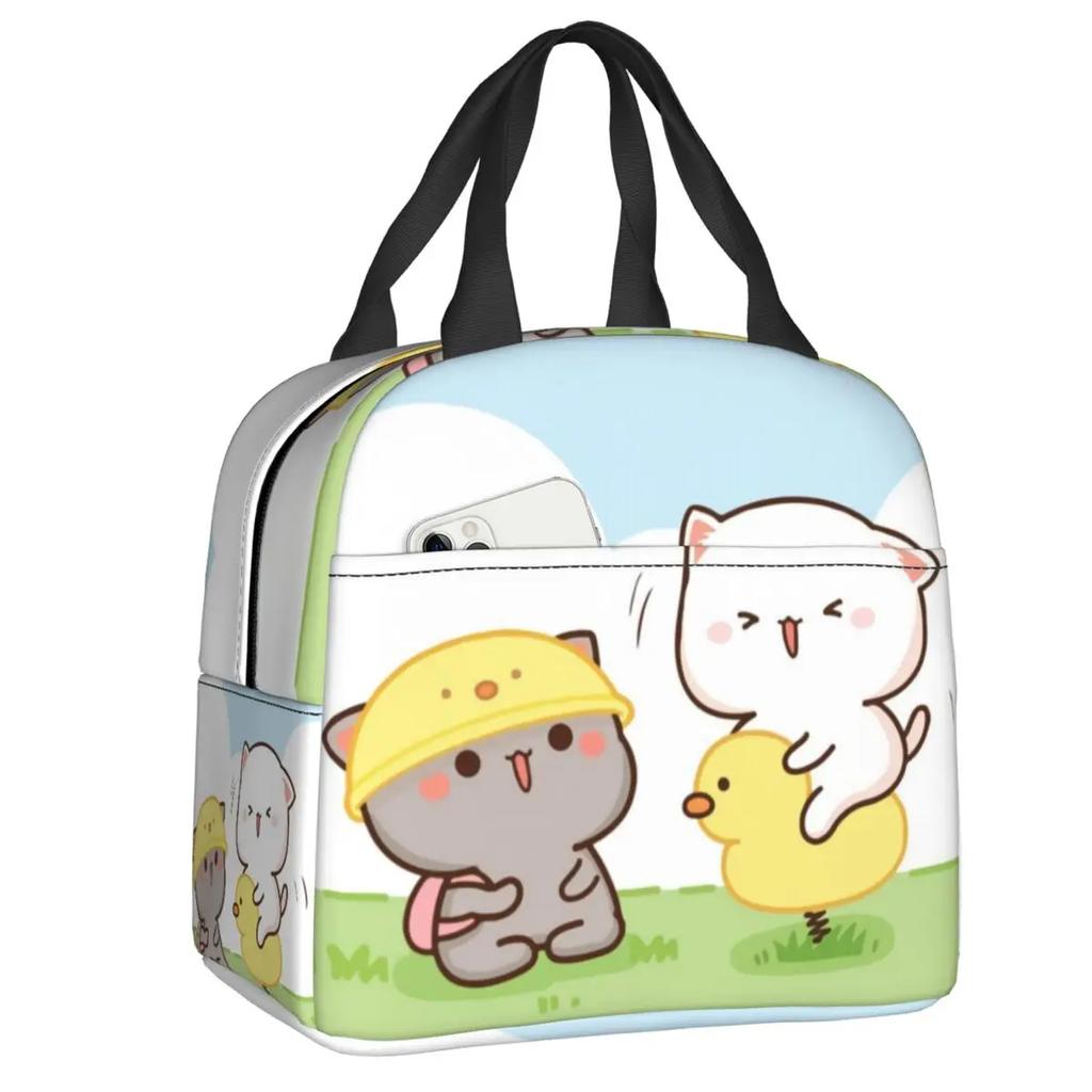 Peach and Goma Insulated Lunch Bags for Work School Picnic Cartoon Mochi Cat Leakproof Cooler Thermal Lunch Box for Women Kids