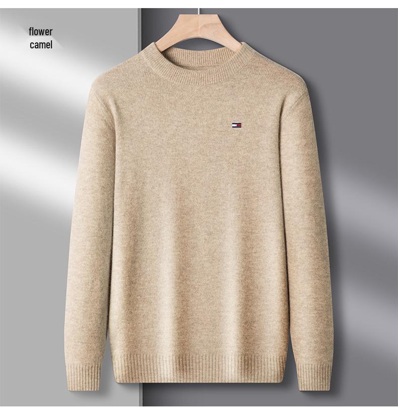 Men's American Tommy Wool Round Neck Thickened Cashmere Sweater - Casual Solid Color Knit Pullover