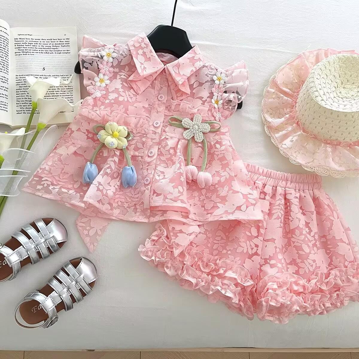 Girls Summer Preppy Flutter Sleeve Floral Blouse With Lace Trim Shorts Princess Two Piece Outfit Set 90cm