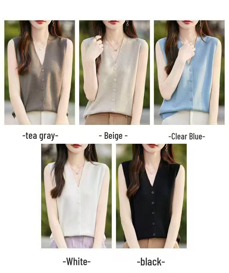 2025 Summer Women's Ice Silk Sleeveless Cardigan Vest with Buttons