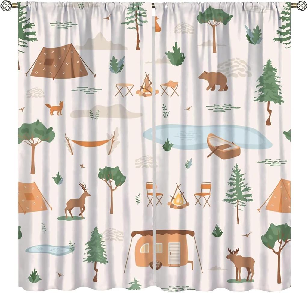 Retro Happy Camper Curta,Rustic Wood Plank Camping Travel Trailer Blackout Rod Pocket Window Curtain,For Boys Girls Living