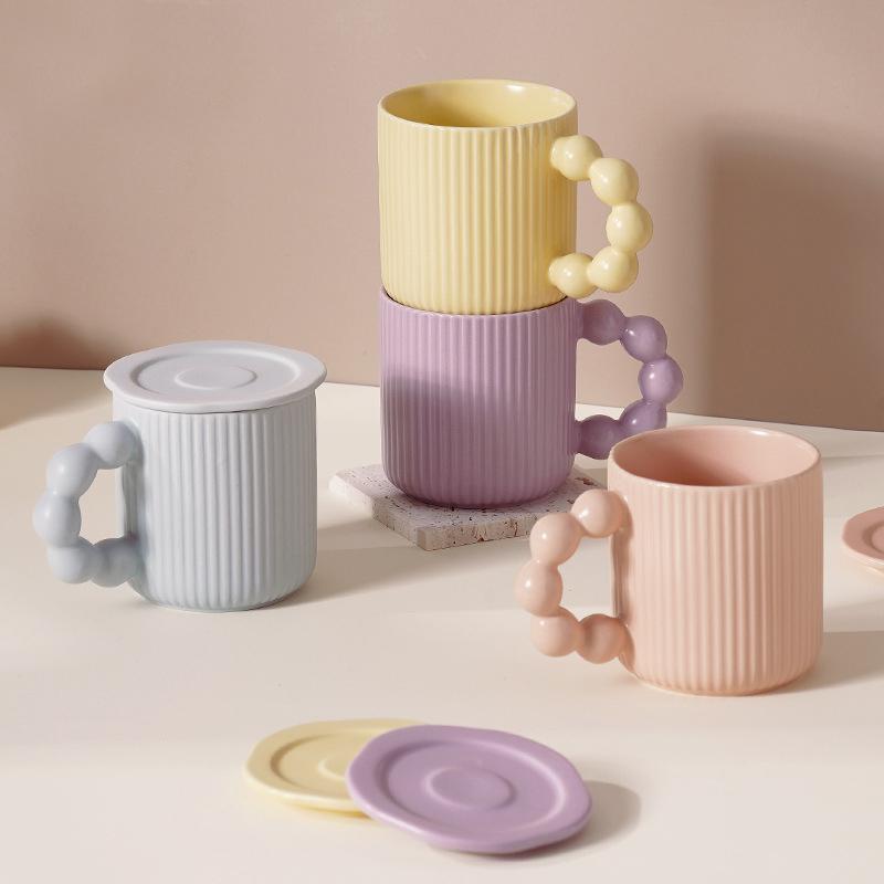 Pearl Ball Handle Porcelain Mug with Lid Macaron Color Coffee Cup Cute Office Tea Cup Home Couple Water Cup