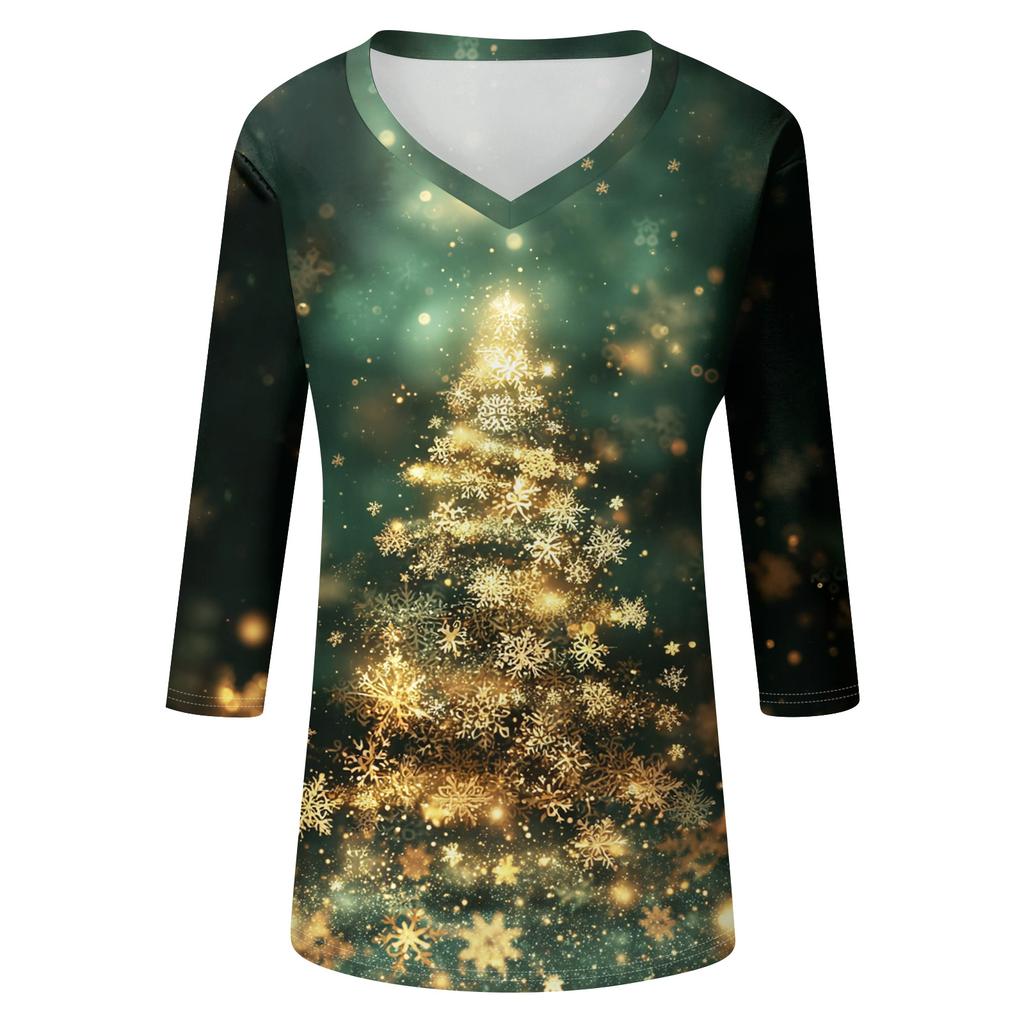 Women's T Shirt CHristmas Print 3/4 Sleeve Daily Weekend Fashion Basic V- Neck Regular Top