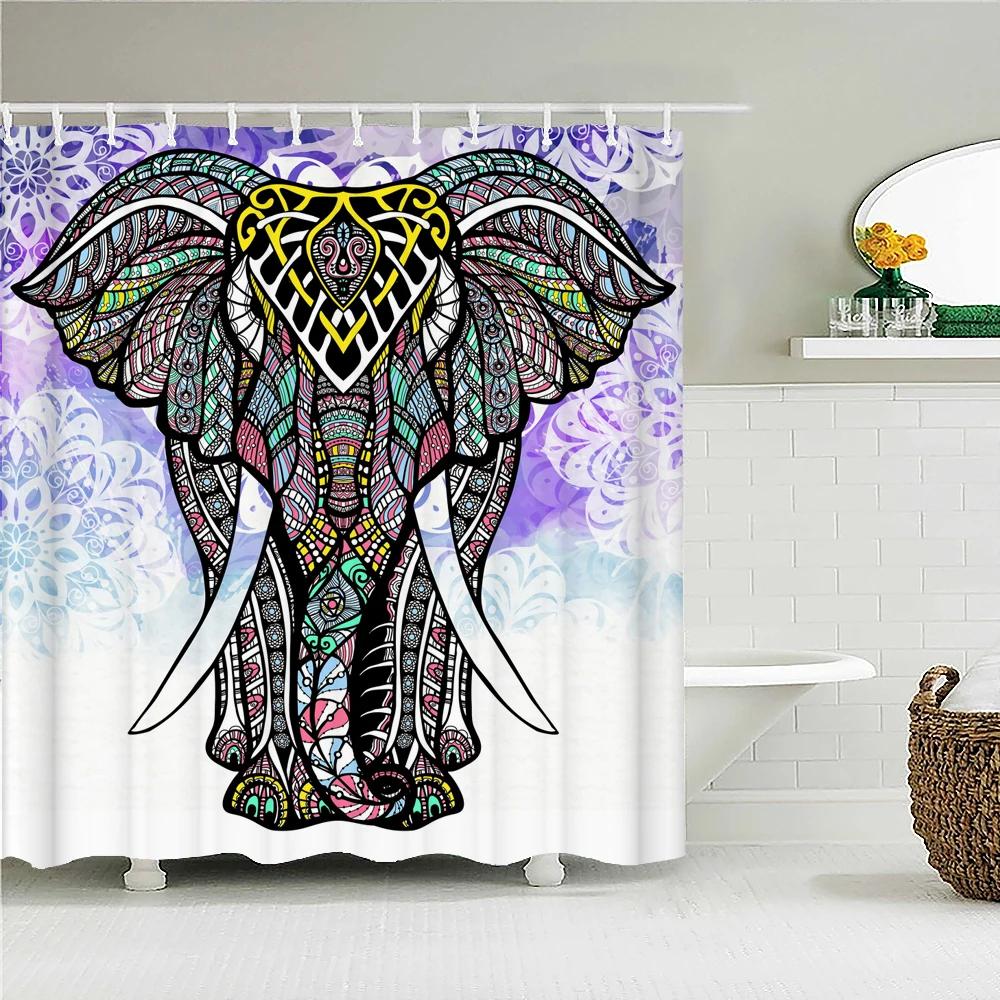 

India Elephant Shower Curtains Colorful Mandala Bohemian Bathroom Curtain Waterproof Polyester Fabric Bathtub Screen With Hooks W60H190(CM)-1 Pcs