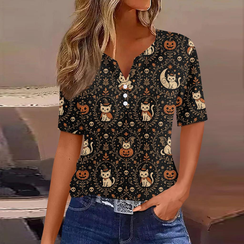 Women Casual Halloween Print V Neck Short Sleeve Button T Shirt Top Lightweight Breathable Soft Fabric Relaxed Fit