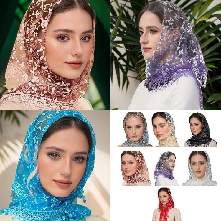 Wedding Pray Scarf Mantilla Wrap Floral Shawl Lace Trim for Ladies Mother Wedding Party Tasseled Mantilla