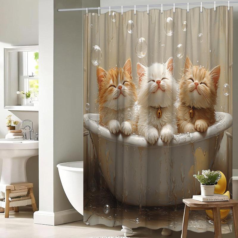 1pc Bathing Kittens Shower Curtain - 3 Fluffy Kittens In Bathtub, Bubbles & Yellow Duck, Beige Tile Background, 70.8x70.8