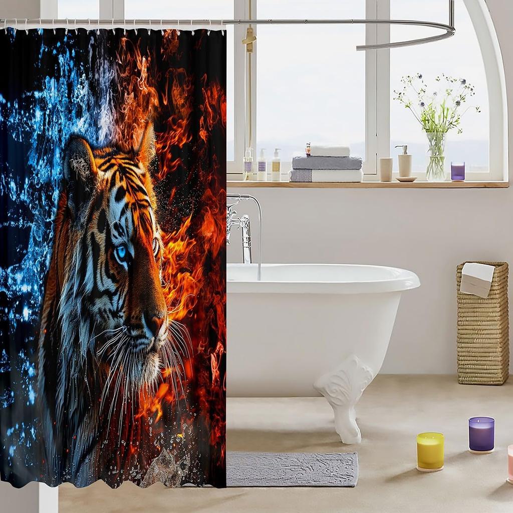 Tiger Shower Curtain Boys Girls Kids Women Men Cool Fire Animal Print Wild Wildlife Bathroom Decor Hooks