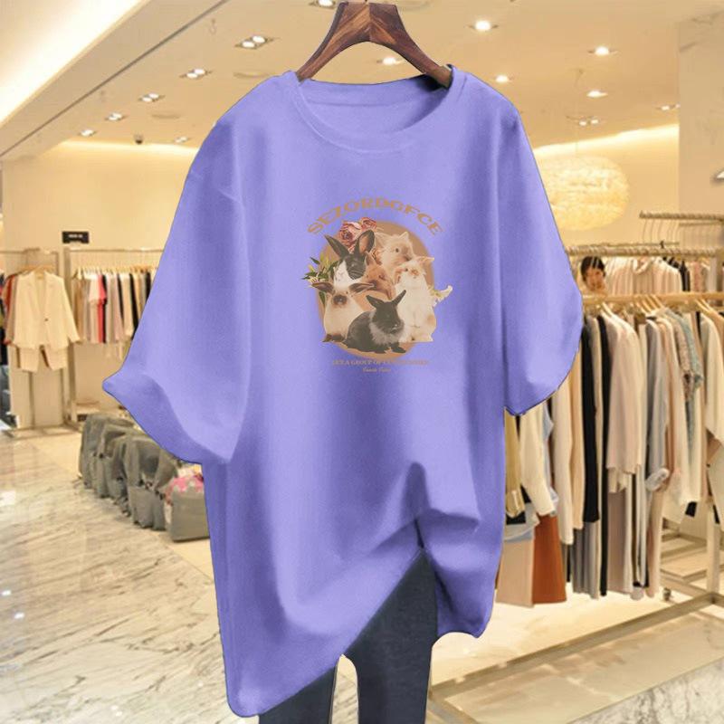 Pure Cotton Loose Printing Versatile Age-reducing T-shirt Large Size Cartoon Short-sleeved Women's New Medium and Long Models