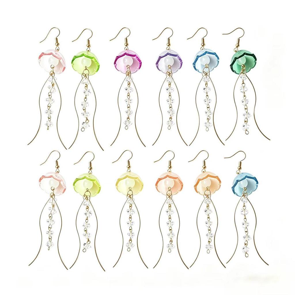 Ocean Series Dreamy Jellyfish Slimming Crystal Tassel Earrings for Girls