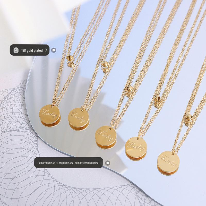 18K Gold Plated Lucky Round Pendant Double Layer Clavicle Necklace - European and American Style