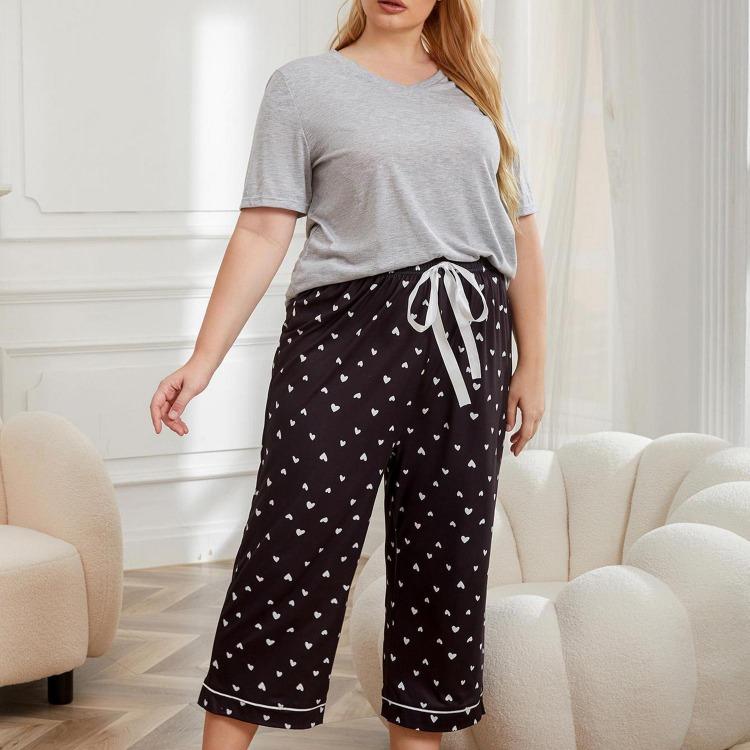 Plus Size Pajamas for Women 2 Piece Sleepwear Set Comfy V Neck Short Sleeve Shirt and Drawstring Long Pants Lounge Wear Home Sleeping Suites