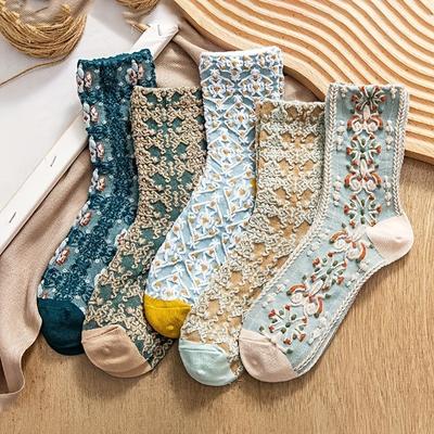 5 Paar Damensocken mit mittellangen, dreidimensionalen, floralen, weichen und bequemen Stricksocken, Weihnachtsgeschenk für Teenager, Vintage-Socken