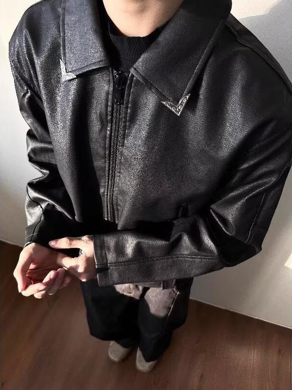 Veste en Cuir Noir Rétro pour Homme - Style Hipster Tendance Pilote avec Texture Craquelée pour le Port en Moto Printemps et Automne