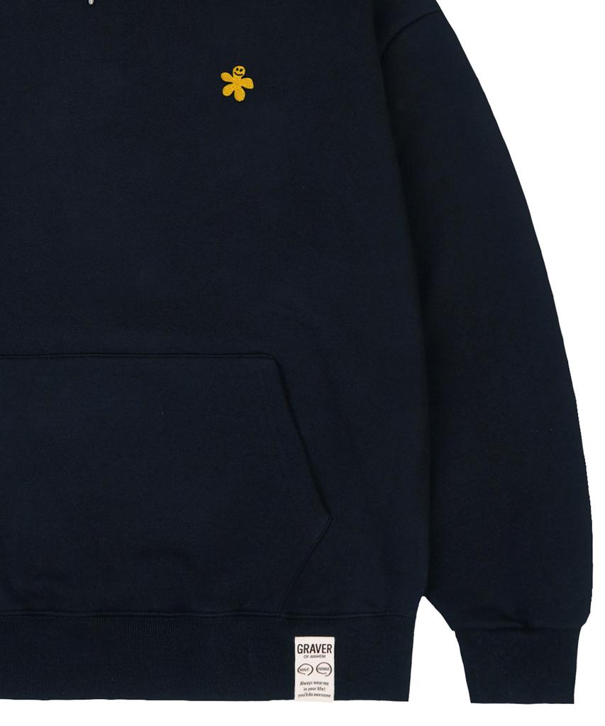 [Unisex] Yellow Odd Flower Embroidered Hoodie_Navy
