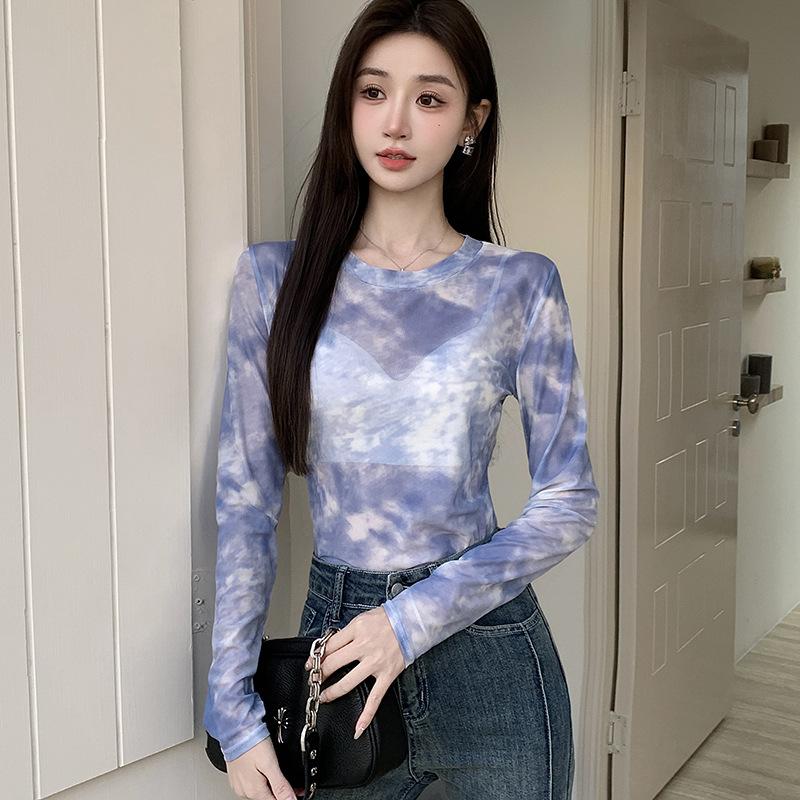 Crew Neck Mesh Printing Long-sleeved Shirt Women's Spring and Summer Slim-fitting Thin and Slightly Transparent Sunscreen Top
